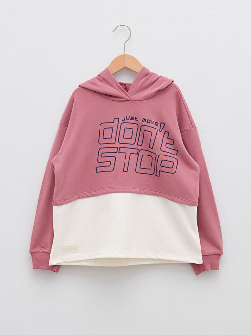 Kap??onlu Bask?l? Uzun Kollu K?z ?ocuk Sweatshirt