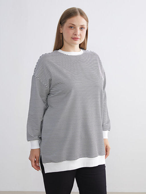 B?y?k Beden ?izgili Kad?n Sweatshirt Tunik