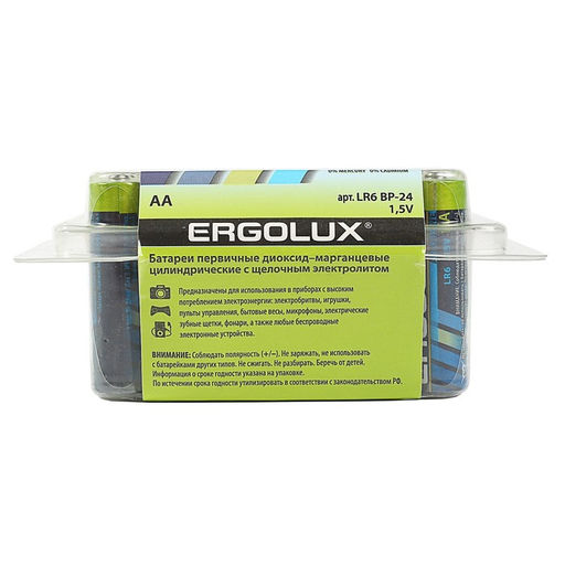 Батарейка алкалиновая Ergolux, AA, LR6-24BOX (LR6 BP-24), 1.5 В, набор 24 шт.