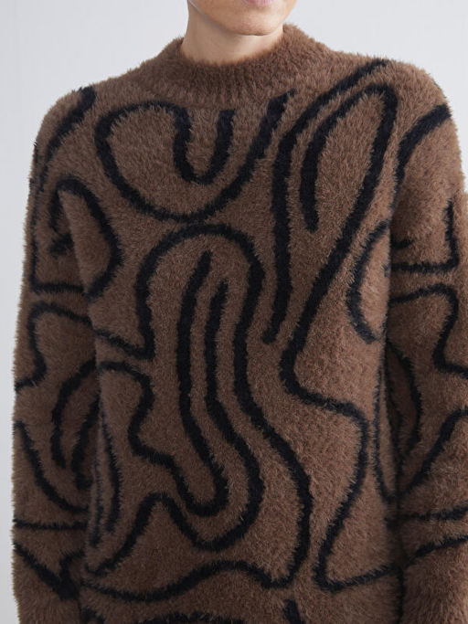 Bisiklet Yaka Desenli Kad?n Pel?? Triko Tunik