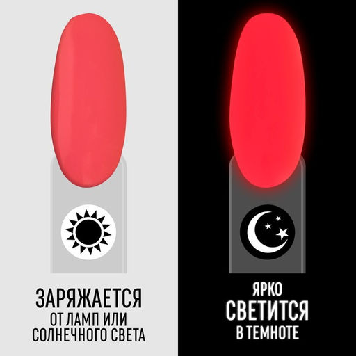 Гель лак для ногтей GLOW IN THE DARK, 3-х фазный, 8 мл, LED/UV, люминесцентный, цвет коралловый (12) - Queen fair фото 2