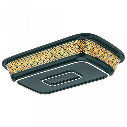 "Мармит Изумруд" Форма для запекания 750мл, прямоугольная, 25,5х15,5см h4,8см, керамика с деколью, цвет - изумрудный, стеклянная крышка с пароотводом, пластмассовая ручка-кнопка "мишка", металическая подставка с ручками, с подогревом на 1 свечу 32,8х