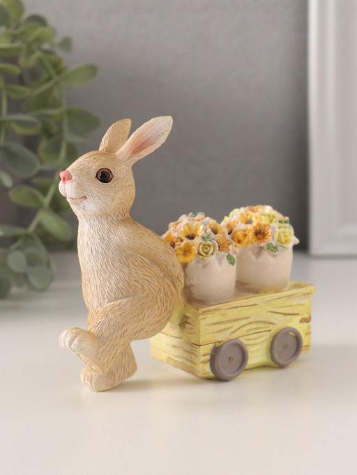 Фигурка полистоун Зайчик везёт цветочные горшки на тележке, 11?4?10 см