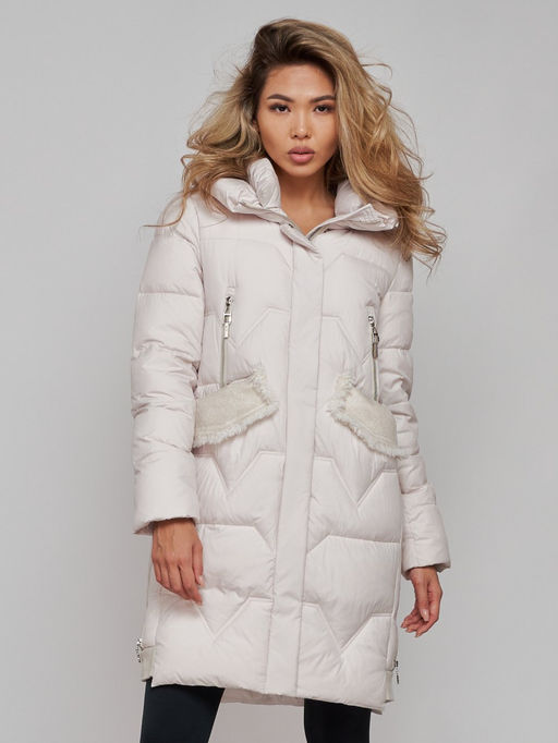 Пальто утепленное с капюшоном зимнее женское бежевого цвета 13332B - Visdeer фото 5