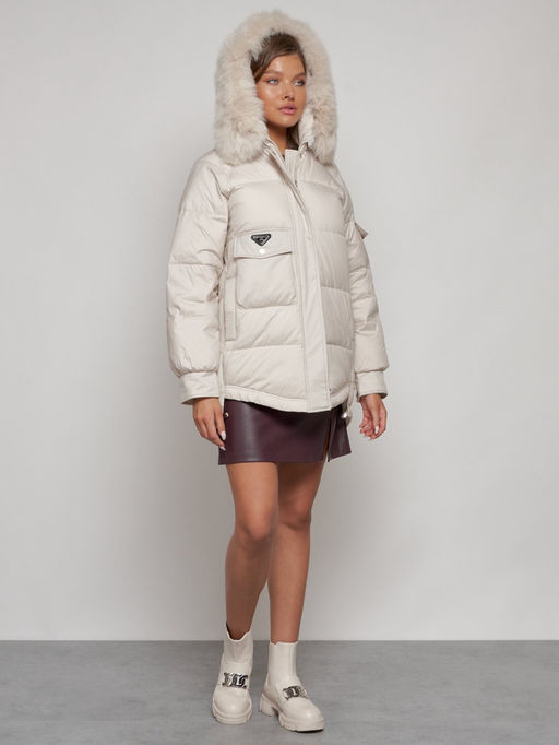 Куртка зимняя женская модная с мехом бежевого цвета 13301B - Visdeer фото 8