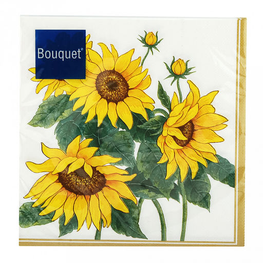 Салфетки бумажные Bouquet 33х33см, 3-х слойные, 20 штук в упаковке, 100% целлюлоза, Подсолнухи в золотой рамке (Россия) фото 2