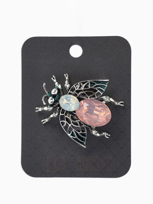 Брошь «Муха", резные крылья, цвет зелёно-розовый в черёном серебре