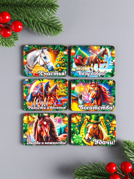 Набор магнитов на холодильник 6 шт. «Конь новогодний: Везу добро», 6×4.5 см