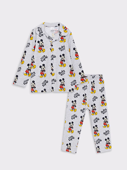 Polo Yaka Uzun Kollu Mickey Mouse Bask?l? Erkek Bebek Pijama Tak?m?