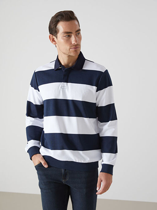 Polo Yaka Uzun Kollu ?izgili Erkek Sweatshirt