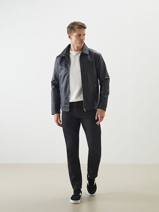 Slim Fit G?mlek Yaka Erkek Deri G?r?n?ml? Mont