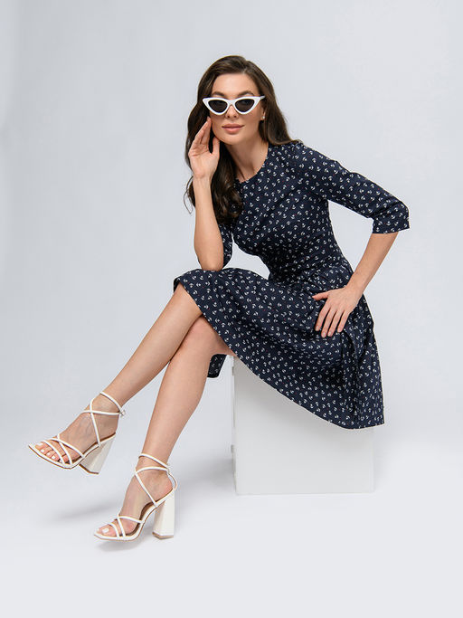 Платье темно-синего цвета длины мини с принтом и рукавами 3/4 - 1001dress фото 4