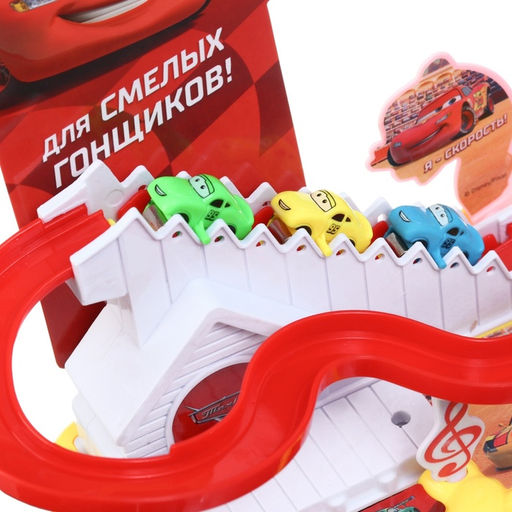 Автотрек Тачки , 3 машинки, световые и звуковые эффекты, работает от батареек - Disney фото 4