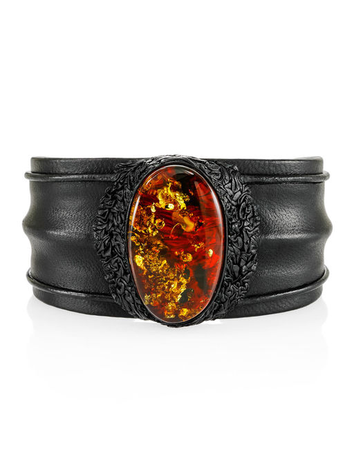 Браслет в сафари-стиле из кожи и натурального янтаря Нефертити