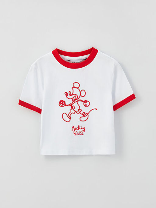 Bisiklet Yaka Mickey Mouse Bask?l? K?sa Kollu K?z ?ocuk Ti??rt