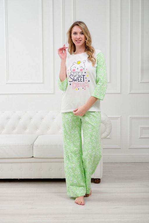 Пижама женская из футера Кисонька нежно-зеленый - Амадэль фото 7