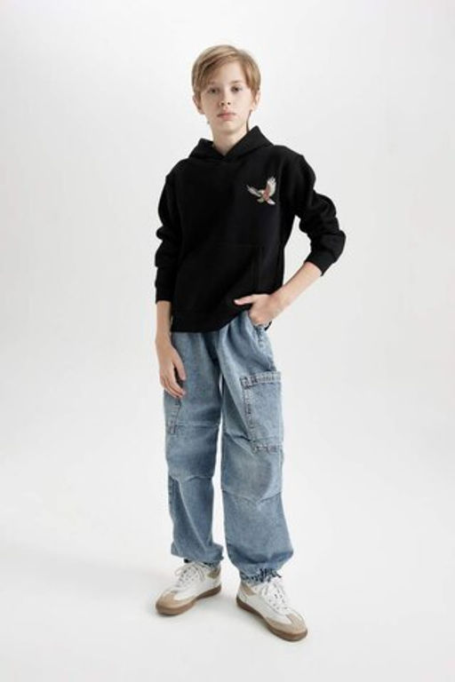 Черная толстая толстовка обычного кроя с капюшоном и принтом животных для мальчиков - Defacto фото 2