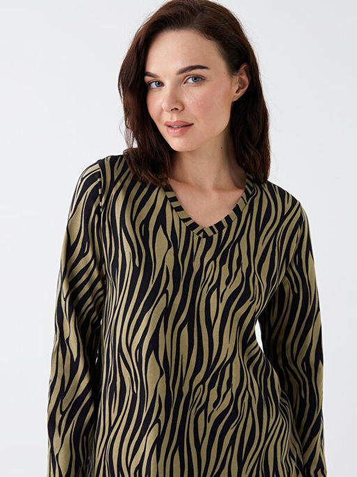 V Yaka Desenli Uzun Kollu Kad?n Bluz