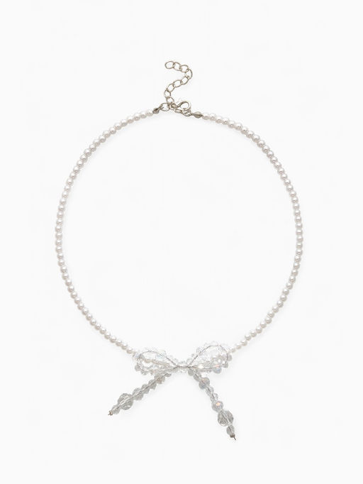Чокер «Хрустальный бантик», жемчужные бусины, белый в серебре, 33 см + 5 см доп, цепочка