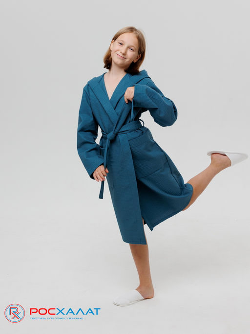 Подростковый вафельный халат с капюшоном темно-бирюзовый В-18 (23)