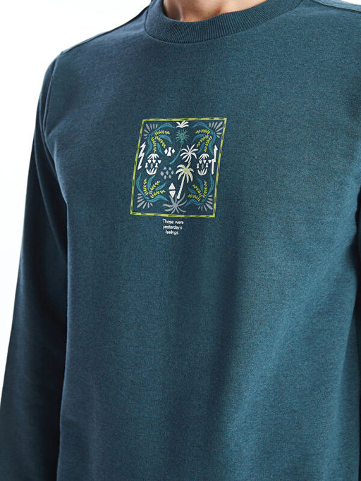 Bisiklet Yaka Bask?l? Erkek Kal?n Sweatshirt