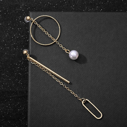 Серьги с жемчугом Разноуровневые круг с палкой, цвет белый в золоте - Queen fair фото 2