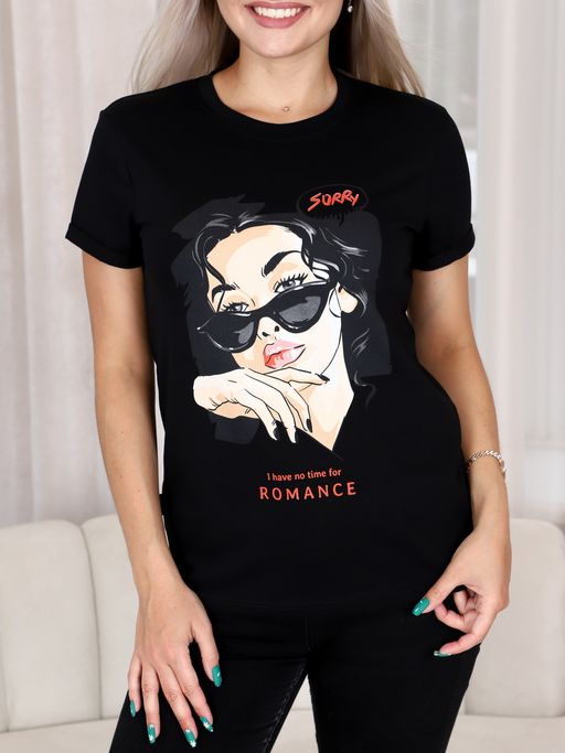 Футболка женская Ф-63 (кулирка с лайкрой) Девочка/чёрная - Elenatex фото 4