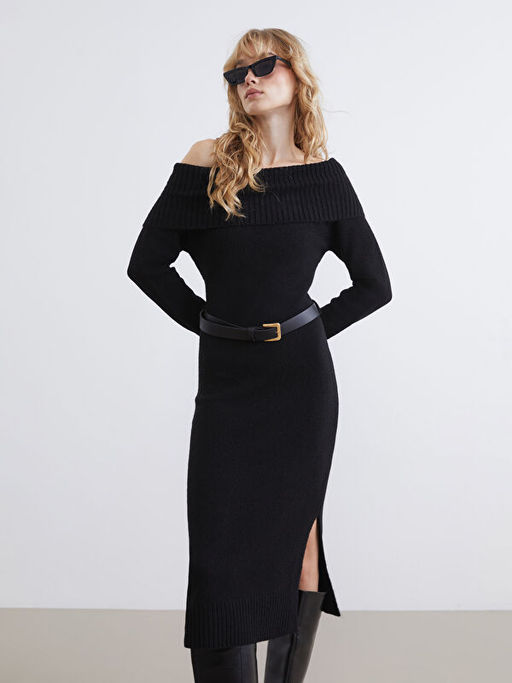 Kay?k Yaka Kemerli Triko Elbise