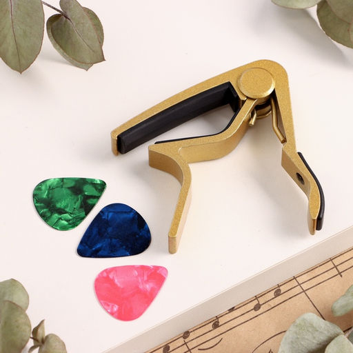 Каподастр Music Life золотистый + 3 медиатора в подарок