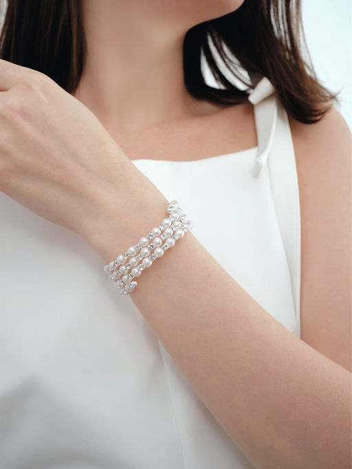 Браслет жемчуг Пружинка стразинки, шар №6, цвет белый в серебре, d=6 см