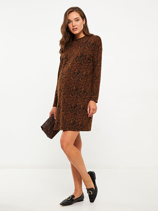 Bisiklet Yaka Desenli Uzun Kollu Hamile Elbise