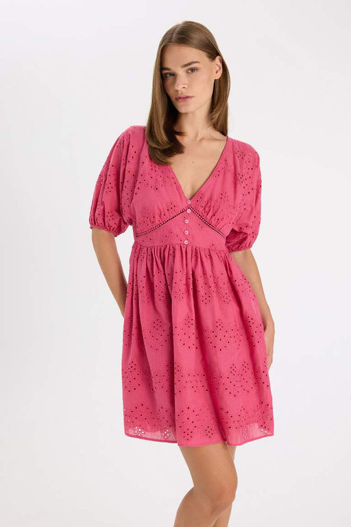 Мини-платье Babydoll с вырезом в форме сердца и короткими рукавами из вуали - Defacto фото 3