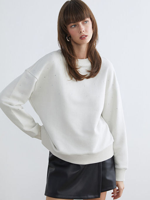 Bisiklet Yaka Ta?l? Oversize Kad?n Sweatshirt