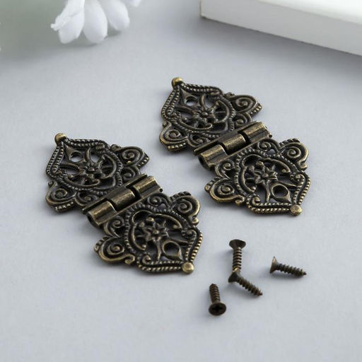 Цена за 6 шт. Петля для шкатулки с крепежом металл «Узорная с цветами», под бронзу, 5.3×2.8 см