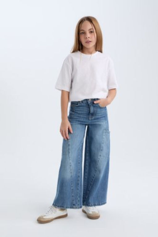 K?z Cocuk Wide Leg Kargo Cepli Genis Bol Paca Jean Pantolon