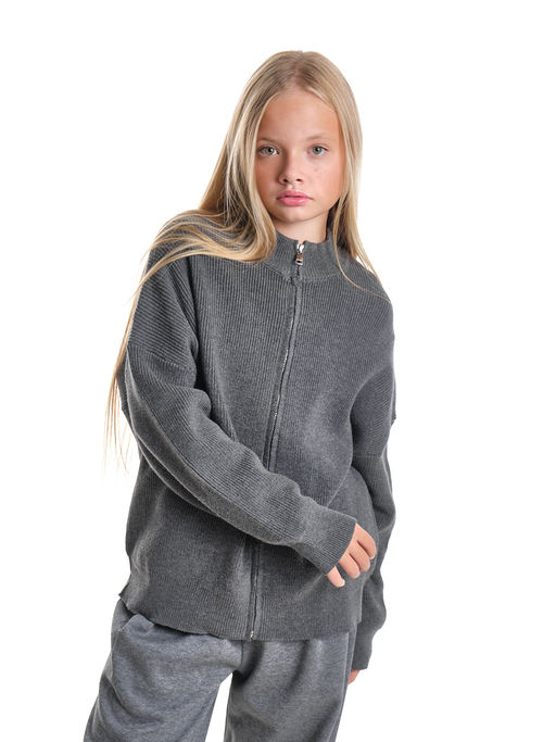 Джемпер оверсайз на молнии для девочки 33-7596 серый