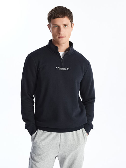 Dik Yaka Uzun Kollu Bask?l? Erkek Kal?n Sweatshirt