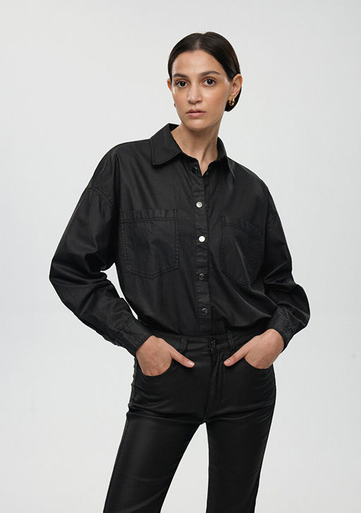Suni Deri Oversize Siyah Gomlek