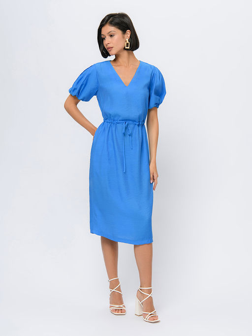 Платье голубого цвета длины миди с пышными рукавами и глубоким вырезом - 1001dress фото 2