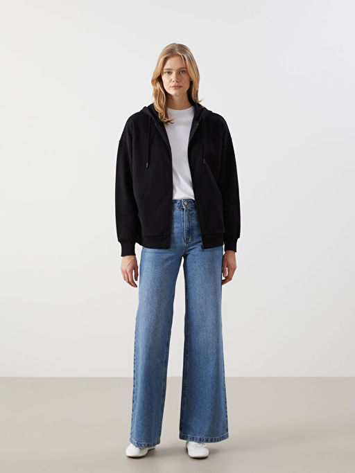 Kap??onlu Oversize Kad?n Fermuarl? Sweatshirt