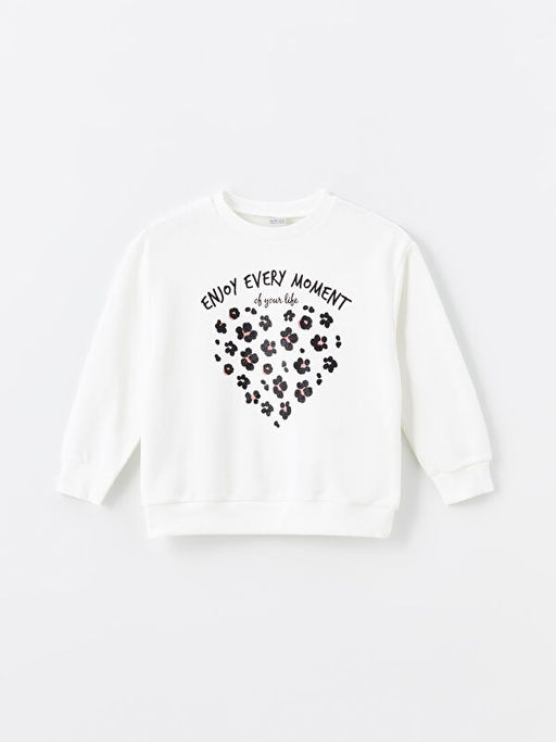 Bisiklet Yaka Bask?l? Uzun Kollu K?z ?ocuk Sweatshirt
