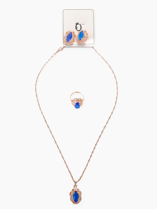 Гарнитур 3 предмета: серьги, кулон, кольцо безразмерное Эдель ажурный овал, цвет син в золоте, 45 см