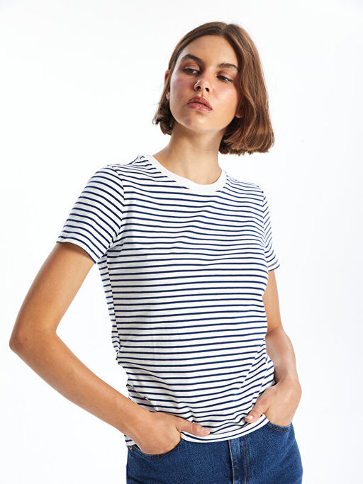 Bisiklet Yaka ?izgili K?sa Kollu Kad?n Ti??rt