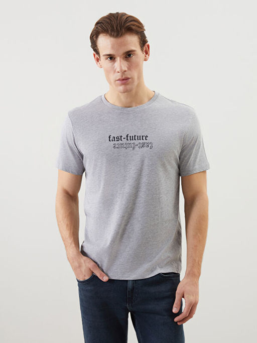 Bisiklet Yaka K?sa Kollu Bask?l? Penye Erkek Ti??rt