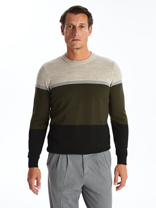 Bisiklet Yaka Uzun Kollu Renk Bloklu Erkek Triko Kazak