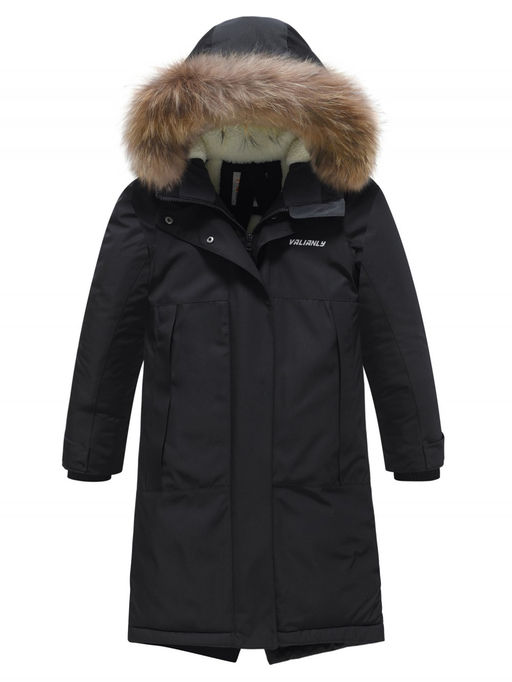 Парка зимняя подростковая для девочки с капюшоном и мехом черного цвета 9536Ch