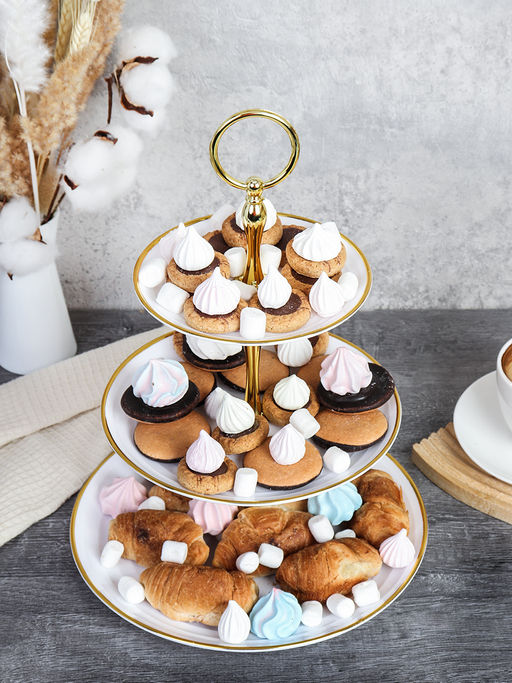 Ваза для фруктов 3-х ярусная 15/20/25 Круг белая золотой обод / D-1245 /уп 65/ Пластик - Галеонтрейд фото 5