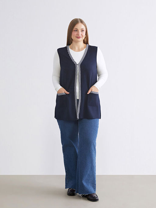 V Yaka ?izgili Kad?n Yelek