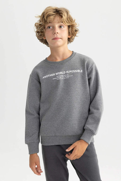 Толстый свитшот с принтом для мальчиков с круглым вырезом - Defacto фото 3