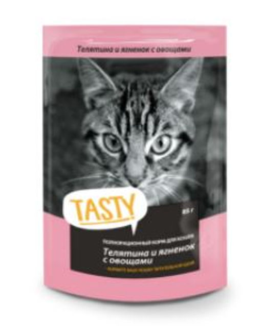 Tasty д/кош. пауч Телятина с ягнёнком и овощами в желе 85 г.1/28